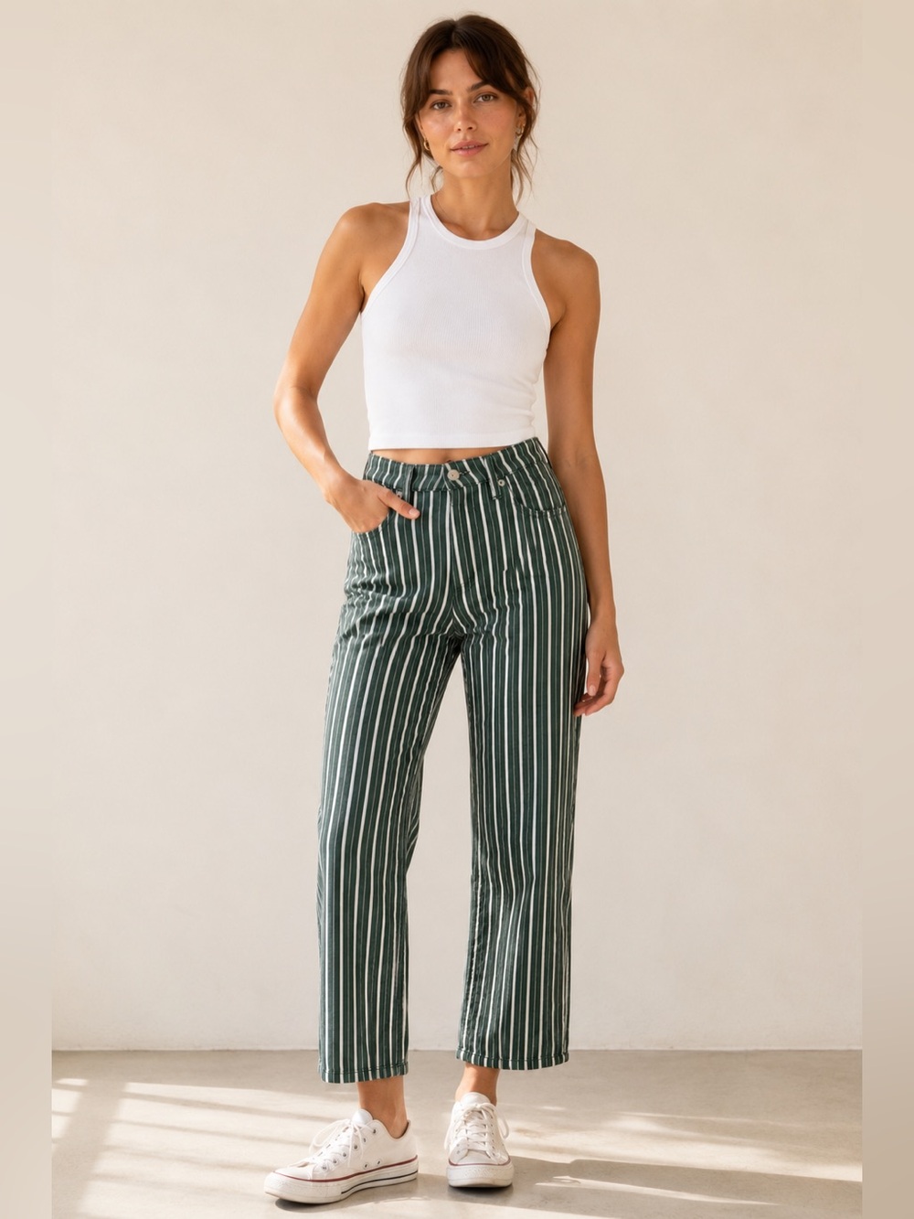 Brixton Green White Striped Crop Utility Carpenter Pants 26 Cotton